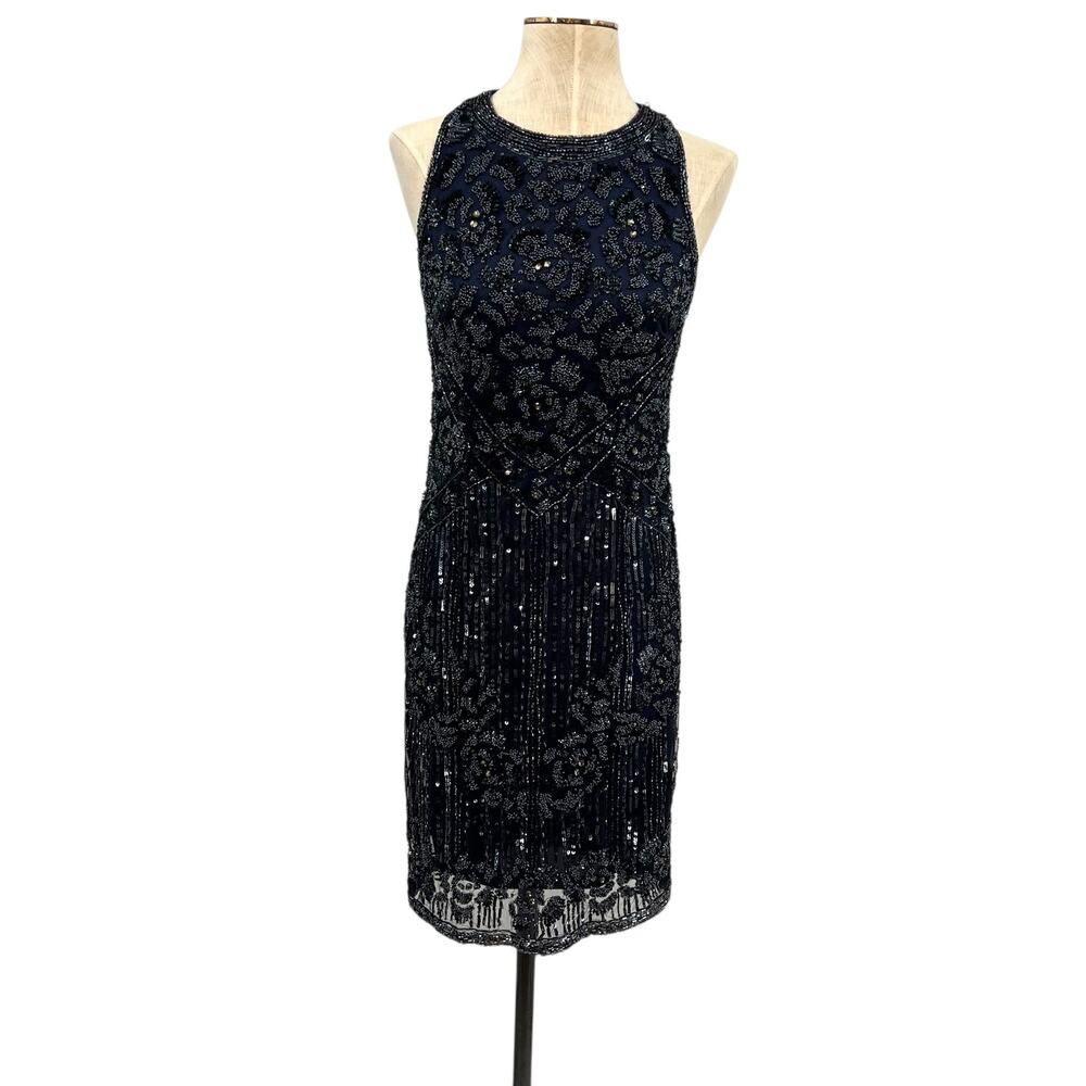 Theia Sequin Sheath Dress Embellished Beaded‎ Sleeveless Navy Blue Size US 4